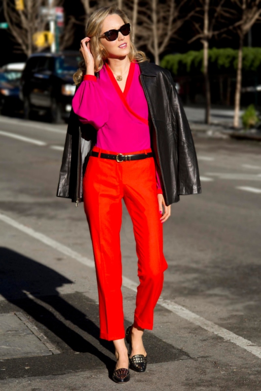  criss cross wrap bodysuit blouse top silk knit orange red wool jcrew cropped pants black gold studded loafers leather jacket fashion style work wear corporate office outfits professional women blog.jpg